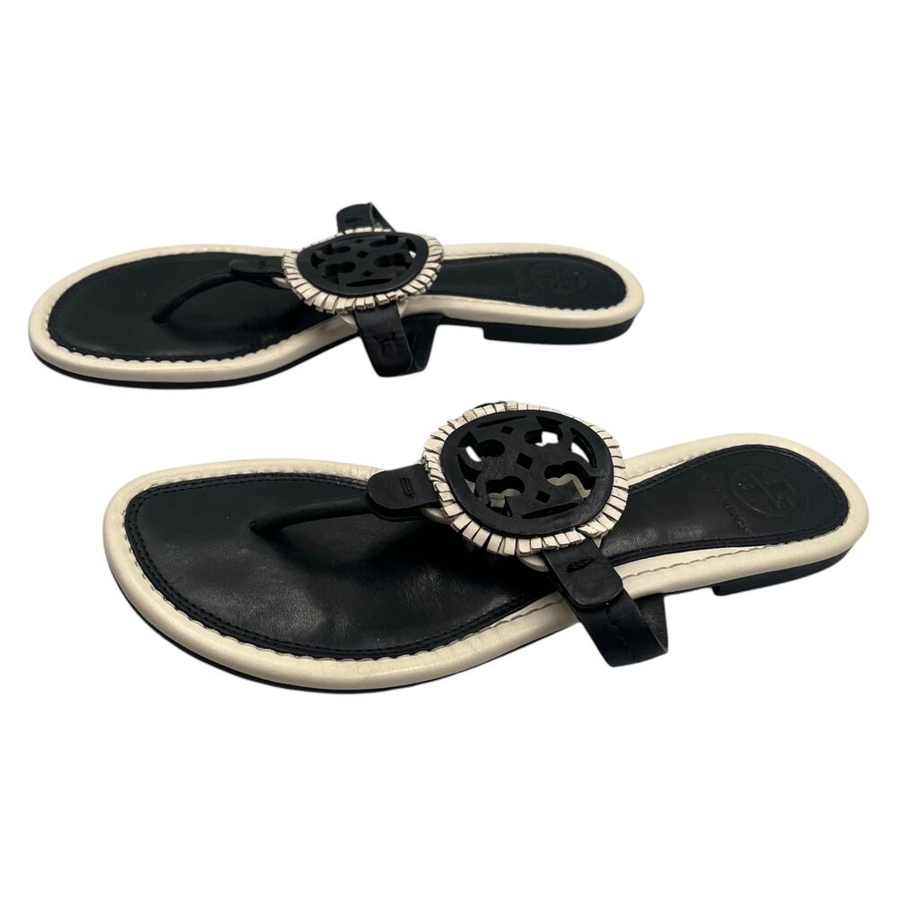 Tory Burch Thong Sandals Miller Fringe Double T Logo Flat Flip Flops Black 6M